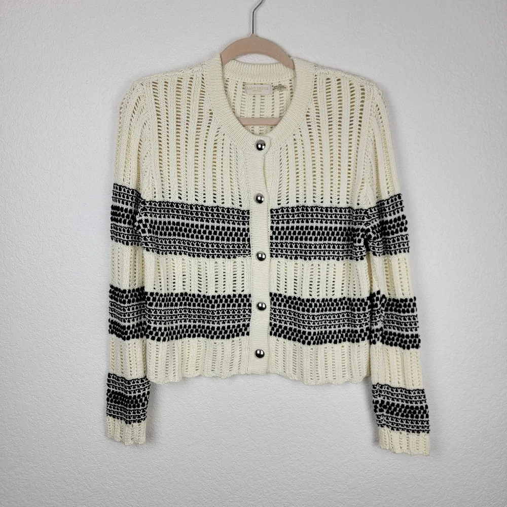 Ramy Brook Sarah Striped Cardigan Knitted Black White Buttons XL - Picture 5 of 11
